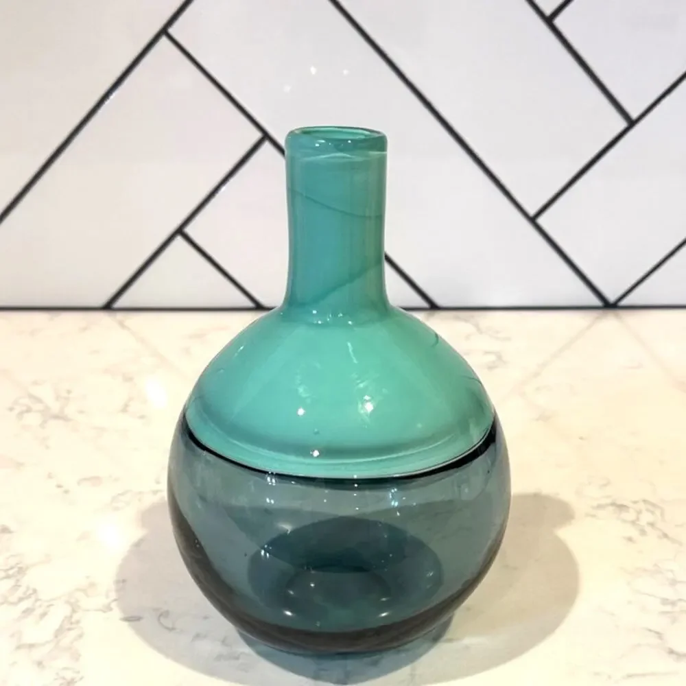 West Elm Vitreluxe Hand Blown Glass Vase in a green/teal mid century modern